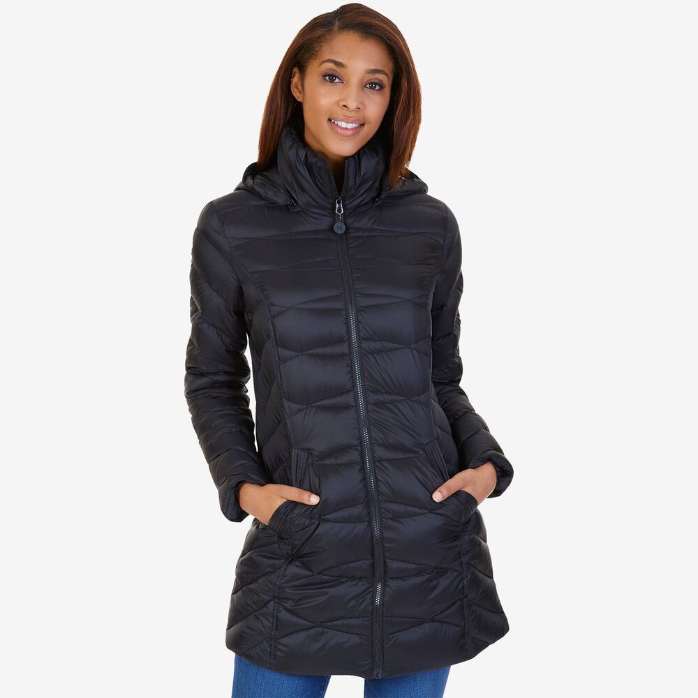 5054 NWT Nautica Women's Hooded Packable Stretch Puffer Coat Black Extra Small